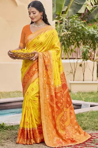 Yellow silk blend woven saree with contrast pallu and border