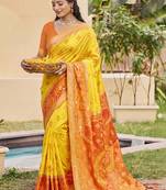 Yellow silk blend woven saree with contrast pallu and border