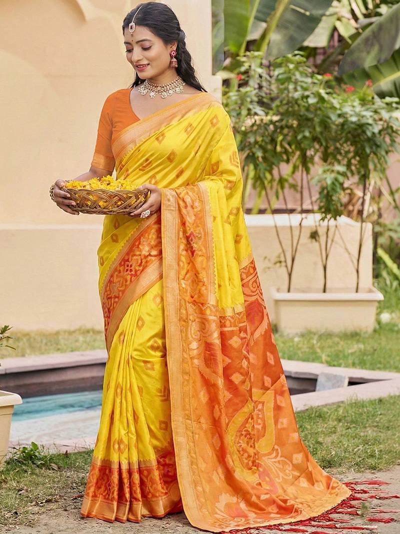 Yellow silk blend woven saree with contrast pallu and border