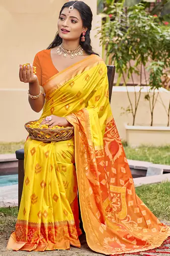 Yellow silk blend woven saree with contrast pallu and border