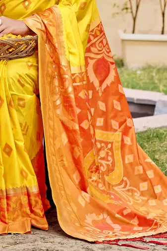Yellow silk blend woven saree with contrast pallu and border