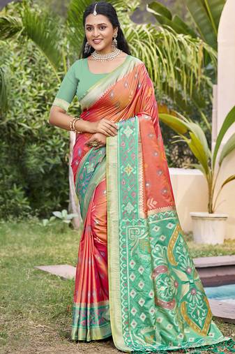 Peach silk blend woven saree with contrast pallu and border