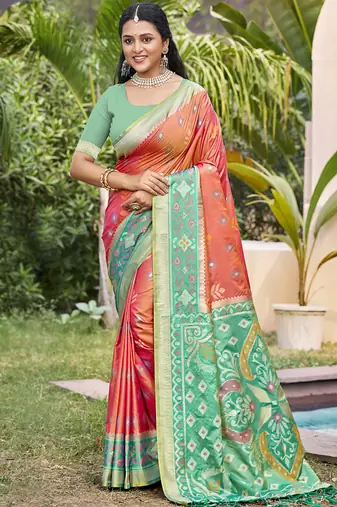 Peach silk blend woven saree with contrast pallu and border