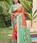 Peach silk blend woven saree with contrast pallu and border