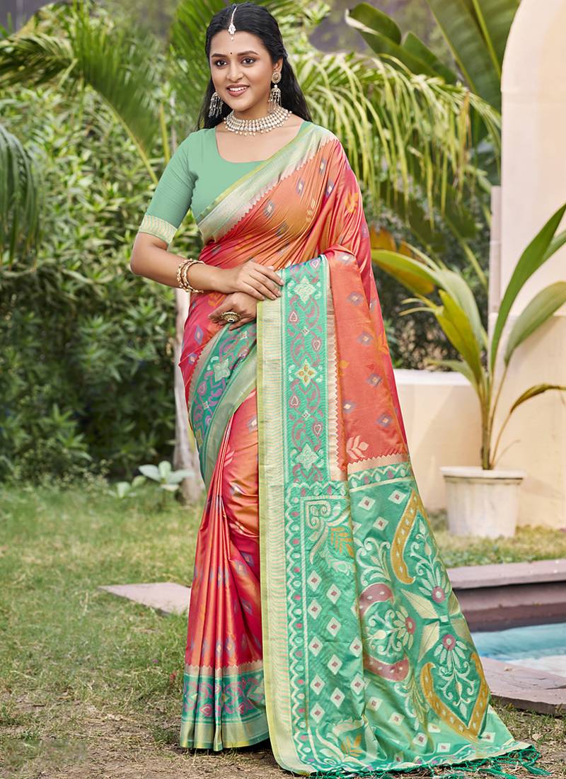 Peach silk blend woven saree with contrast pallu and border