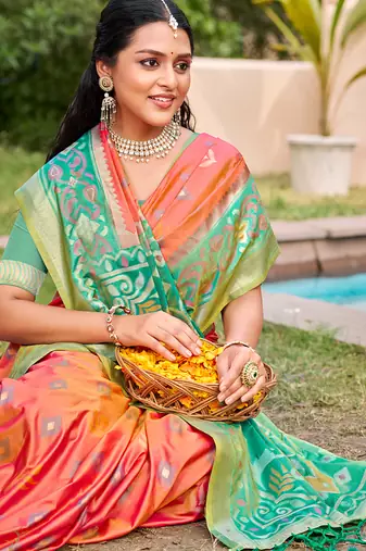 Peach silk blend woven saree with contrast pallu and border