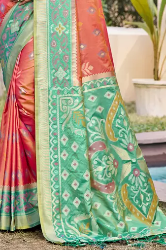 Peach silk blend woven saree with contrast pallu and border