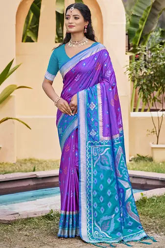 Purple silk blend woven saree with contrast pallu and border