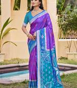 Purple silk blend woven saree with contrast pallu and border