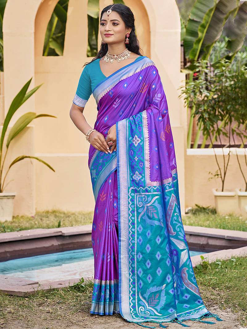 Purple silk blend woven saree with contrast pallu and border