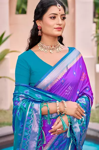 Purple silk blend woven saree with contrast pallu and border