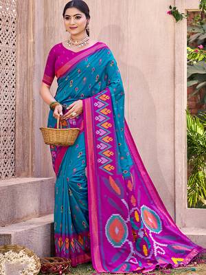 teal blue pochampally silk blend saree with contrast geometric pallu and border 1