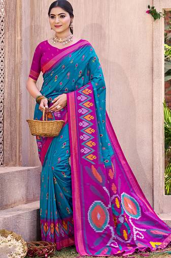 teal blue pochampally silk blend saree with contrast geometric pallu and border