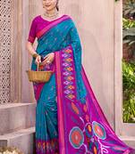 teal blue pochampally silk blend saree with contrast geometric pallu and border
