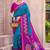teal blue pochampally silk blend saree with contrast geometric pallu and border