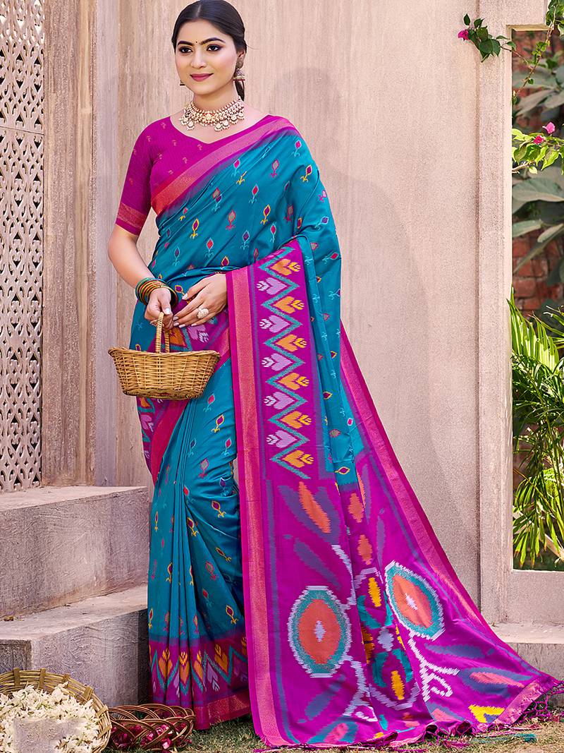 teal blue pochampally silk blend saree with contrast geometric pallu and border