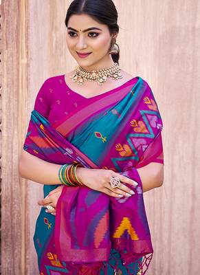 teal blue pochampally silk blend saree with contrast geometric pallu and border 2