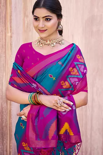 teal blue pochampally silk blend saree with contrast geometric pallu and border