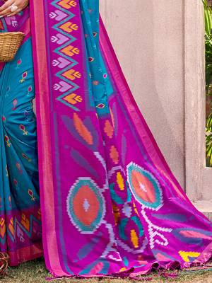 teal blue pochampally silk blend saree with contrast geometric pallu and border 3