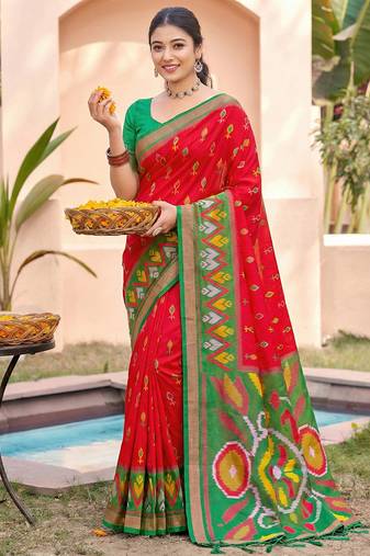 red pochampally silk blend saree with contrast geometric pallu and border