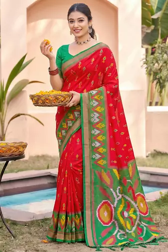 red pochampally silk blend saree with contrast geometric pallu and border