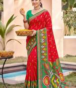 red pochampally silk blend saree with contrast geometric pallu and border