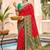 red pochampally silk blend saree with contrast geometric pallu and border