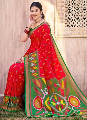 red pochampally silk blend saree with contrast geometric pallu and border 2