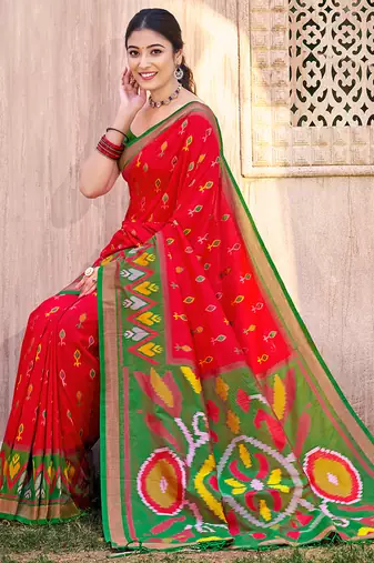 red pochampally silk blend saree with contrast geometric pallu and border