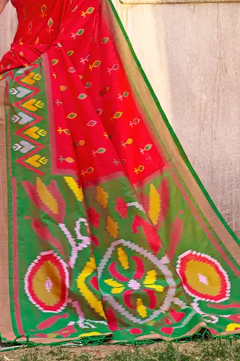 red pochampally silk blend saree with contrast geometric pallu and border
