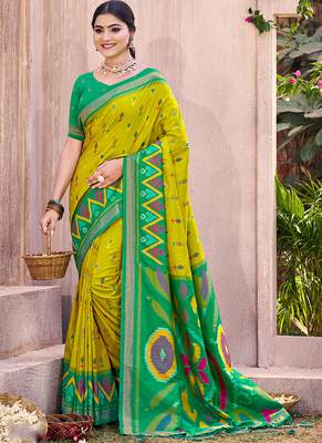 lime yellow pochampally silk blend saree with contrast geometric pallu and border 1