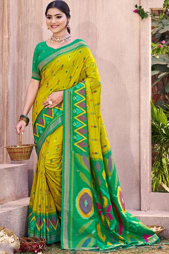 lime yellow pochampally silk blend saree with contrast geometric pallu and border