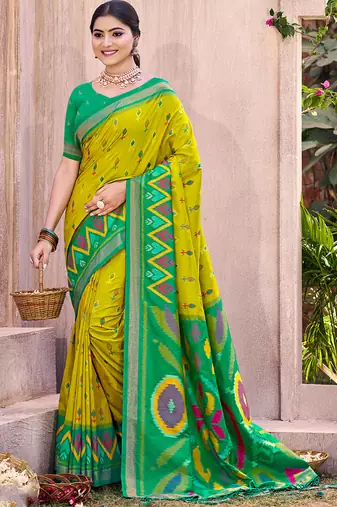 lime yellow pochampally silk blend saree with contrast geometric pallu and border