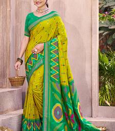 lime yellow pochampally silk blend saree with contrast geometric pallu and border