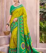 lime yellow pochampally silk blend saree with contrast geometric pallu and border