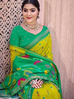lime yellow pochampally silk blend saree with contrast geometric pallu and border 2