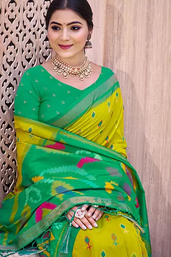 lime yellow pochampally silk blend saree with contrast geometric pallu and border