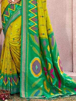 lime yellow pochampally silk blend saree with contrast geometric pallu and border 3