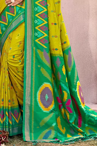 lime yellow pochampally silk blend saree with contrast geometric pallu and border