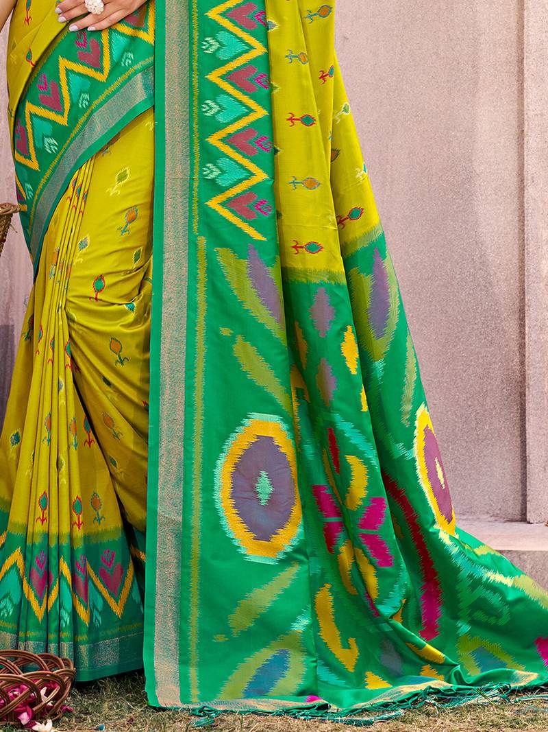 lime yellow pochampally silk blend saree with contrast geometric pallu and border