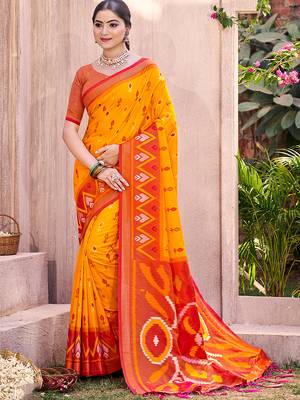 yellow pochampally silk blend saree with contrast geometric pallu and border 1