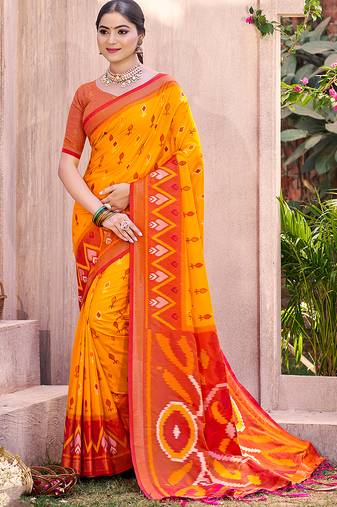yellow pochampally silk blend saree with contrast geometric pallu and border