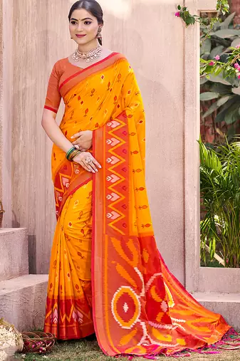 yellow pochampally silk blend saree with contrast geometric pallu and border