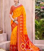 yellow pochampally silk blend saree with contrast geometric pallu and border