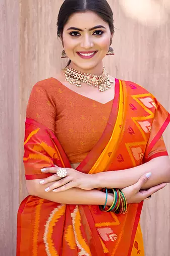 yellow pochampally silk blend saree with contrast geometric pallu and border
