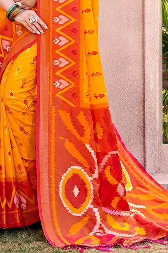 yellow pochampally silk blend saree with contrast geometric pallu and border