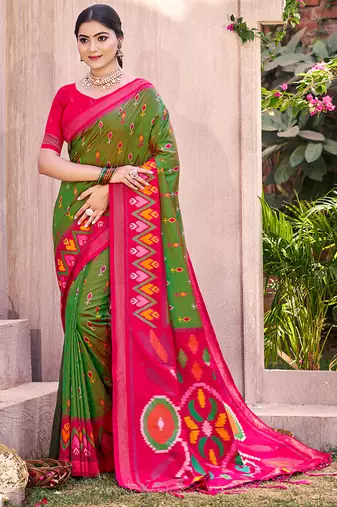 mehendi green pochampally silk blend saree with contrast geometric pallu and border