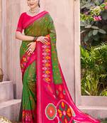 mehendi green pochampally silk blend saree with contrast geometric pallu and border