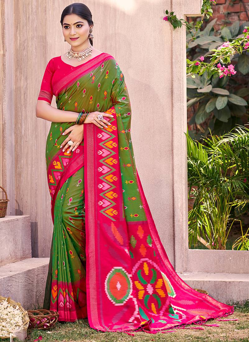 mehendi green pochampally silk blend saree with contrast geometric pallu and border