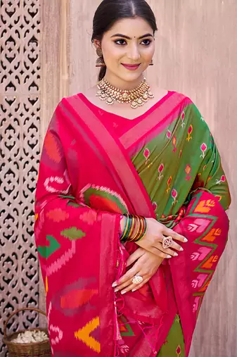 mehendi green pochampally silk blend saree with contrast geometric pallu and border
